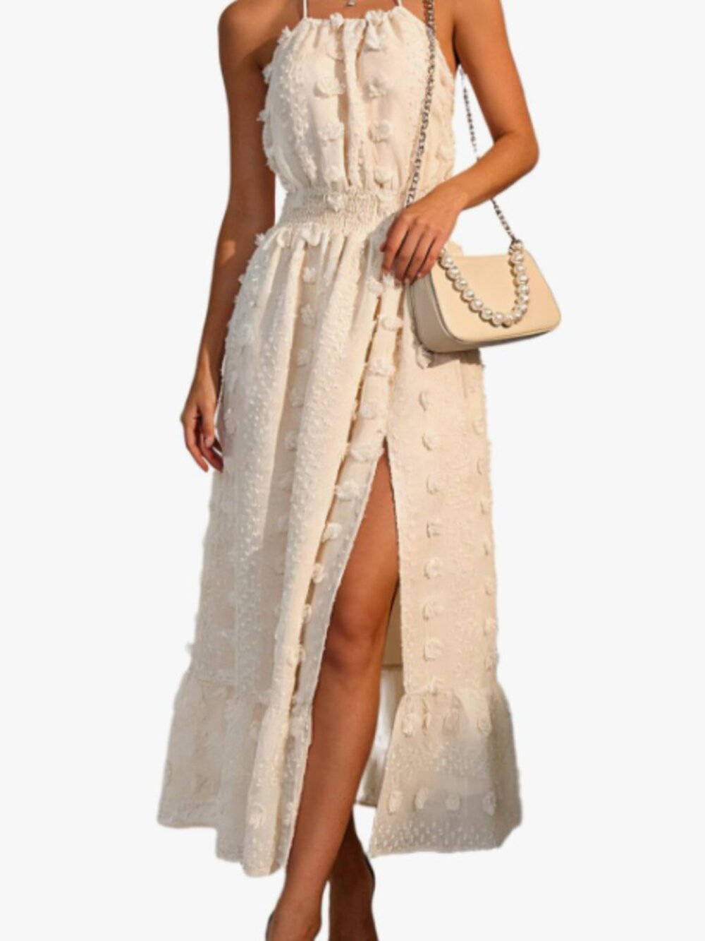 NWT Big Fluffy Maxi Dress, Cream, Lined, Small, Backless Halter, Elastic Waist